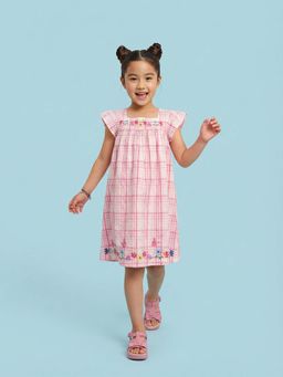 Nautinati - Girls' 100% Cotton Chequered & Floral Embroidered A-line Dress