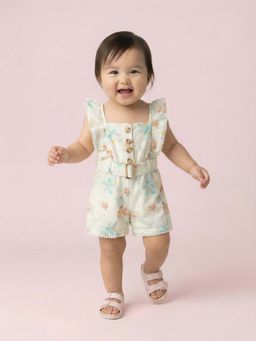 Nautinati - Girls' 100% Cotton All-over Floral Print Jumpsuit with Mock Belt