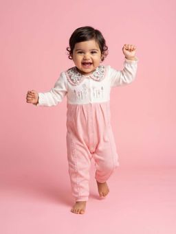 Nautinati - Girls Textured Fabric Floral Embroidered Collared Jumpsuit