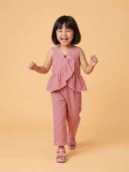 Nautinati - Girls' Cotton Chequered Christmas Top and Trousers Co-ord Set