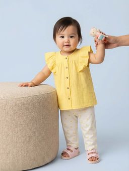 Nautinati - Girls' Cotton Ruffled Top and All-over Stars Printed Trousers Co-ord Set