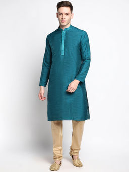 Devoiler - Men Embroidered Turquoise Silk Kurta