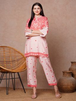 FASHOR - Ethnic Floral Printed Straight Fit Co-Ord - Pink (Set of 2)