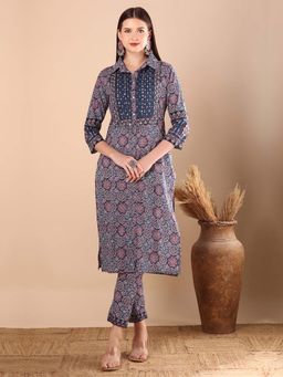 FASHOR - Ethnic Ajrakh Printed And Embroidered Straight Fit Kurta With Pant- Blue (Set of 2)