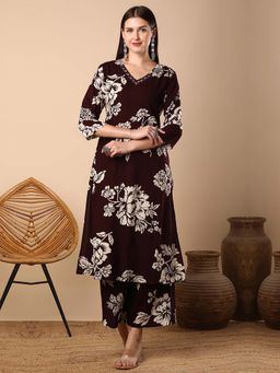 FASHOR - Abstract Floral Printed Straight Fit Co-Ord - Brown (Set of 2)