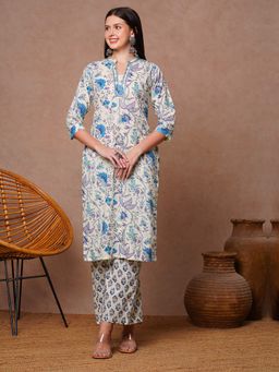 FASHOR - Ethnic Stripes Printed Straight Fit Kurta with Palazzo - Blue (Set of 2)