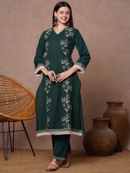 FASHOR - Solid Cross Stitch Embroidered A-Line Kurta With Pant - Green (Set of 2)