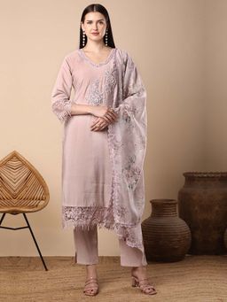 FASHOR - Solid Floral Hand Embroidered Straight Kurta With Pant & Dupatta - Dull Pink (Set of 3)