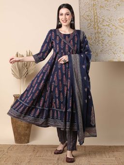FASHOR - Floral Printed And Embroidered Angrakha Kurta With Pant And Dupatta - Blue (Set of 3)