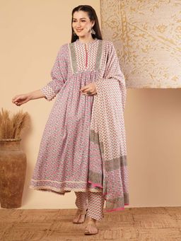 FASHOR - Floral Printed A-Line Anarkali Kurta With Pant & Dupatta - Off White (Set of 3)