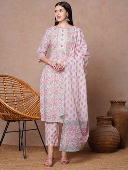 FASHOR - Floral Printed And Embroidered Straight Kurta With Pant And Dupatta - Pink (Set of 3)