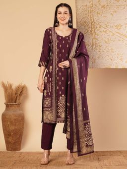 FASHOR - Ethnic Floral Printed Straight Kurta With Pant And Dupatta - Wine (Set of 3)