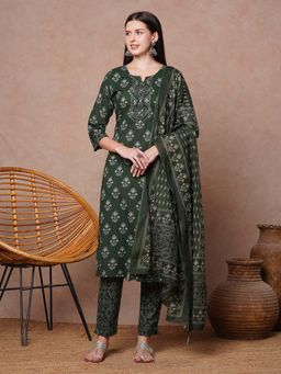 FASHOR - Floral Printed And Embroidered Straight Kurta With Pant & Dupatta - Green (Set of 3)