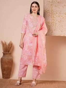 FASHOR - Floral Printed And Embroidered Straight Kurta With Pant And Dupatta - Pink (Set of 3)
