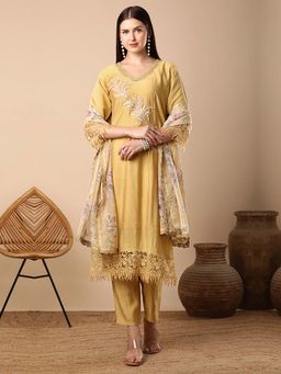 FASHOR - Solid Floral Hand Embroidered Straight Kurta With Pant And Dupatta - Yellow (Set of 3)