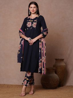 FASHOR - Solid Floral Printed Embroidered Fit Kurta With Pant & Dupatta - Black (Set of 3)