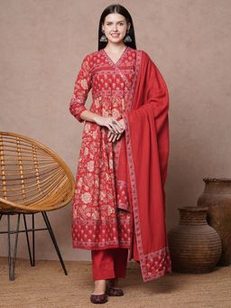 FASHOR - Floral Printed And Embroidered Anarkali Kurta With Pant And Dupatta - Red (Set of 3)