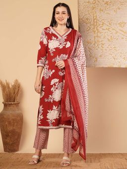 FASHOR - Floral Printed And Embroidered Straight Kurta With Pant And Dupatta - Red (Set of 3)