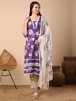 FASHOR - Floral Printed Straight Kurta With Pant And Hand Painted Dupatta - Purple (Set of 3)