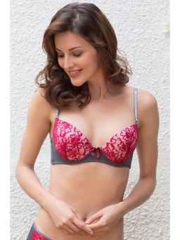 Zivame - Cuppa Contrast Gentle Push Up Bra With Balconette Neckline-GreyNCherry