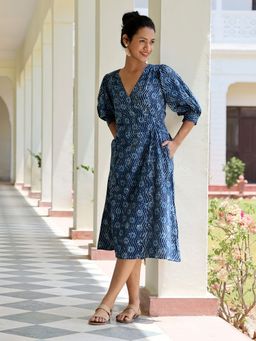 Okhai - Meanderer Pure Cotton Hand Block Printed Wrap Dress