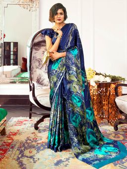 Odette - Blue Festive Crepe Printed Saree with Unstitched Blouse