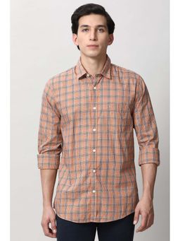 Peter England - Men Peach Slim Fit Check Full Sleeves Casual Shirt