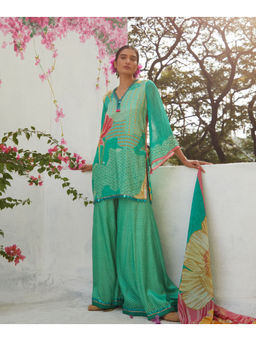 Basil Leaf - Turquoise Sharara with Kurti and Dupatta (Set of 3)