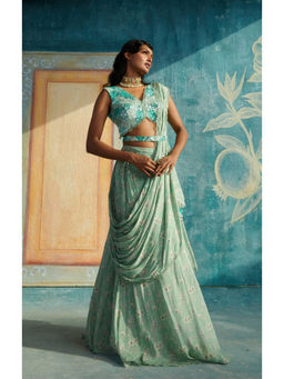 Basil Leaf - Blue Pre-Draped Saree with Stitched Blouse and Belt