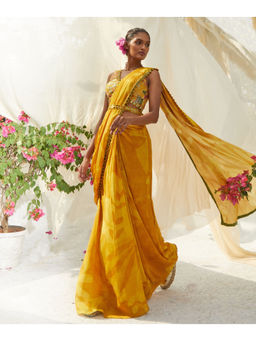 Basil Leaf - Yellow Pre-Draped Saree with Stitched Blouse and Belt