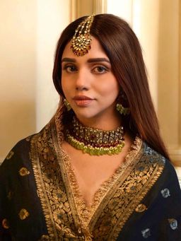 AMAARA JEWELS - Noor Gulzar Antique Gold Ruby and Jade Choker and Earring Set