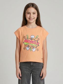 Monte Carlo - Girls Regular Fit Half Sleeve Printed Round Neck Peach T-Shirt