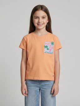 Monte Carlo - Girls Regular Fit Half Sleeve Round Neck Printed Peach T-Shirt