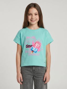 Monte Carlo - Girls Regular Fit Half Sleeve Round Neck Printed Green T-Shirt