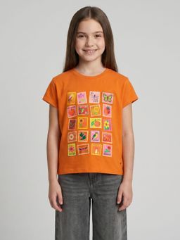 Monte Carlo - Girls Regular Fit Half Sleeve Round Neck Printed Orange T-Shirt