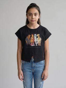 Monte Carlo - Girls Regular Fit Half Sleeve Printed Round Neck Black T-Shirt