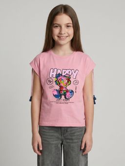 Monte Carlo - Girls Regular Fit Half Sleeve Printed Pink T-Shirt