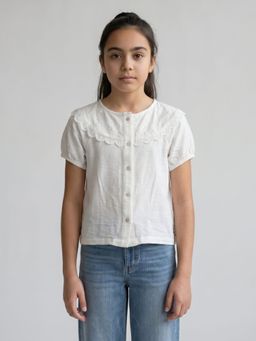 Monte Carlo - Girls Regular Fit Half Sleeve Embroidery Round Neck White Top