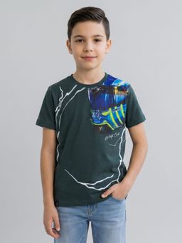 Monte Carlo - Boys Regular Fit Round Neck Half Sleeve Printed Teal T-Shirt