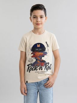 Monte Carlo - Boys Regular Fit Half Sleeve Round Neck Printed Cream T-Shirt