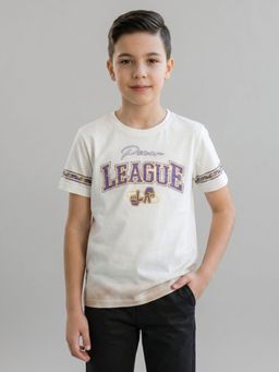 Monte Carlo - Boys Regular Fit Half Sleeve Round Neck Off White T-Shirt