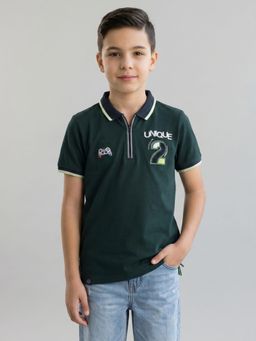Monte Carlo - Boys Regular Fit Half Sleeve Printed Green Polo T-Shirt