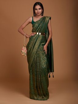 Koskii - Leaf Green Zari Work Art Silk Saree with Unstitched Blouse