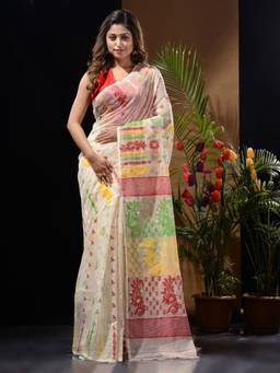 CHARUKRITI - White Handwoven Saree with Multicolour Floral Designs & Motifs