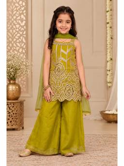 Tiny Kingdom - Organza Woven Embroidered Top And Palazzo With Dupatta - Green