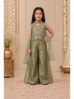 Tiny Kingdom - Shimmer Satin Woven Embroidered Top And Palazzo With Dupatta - Green