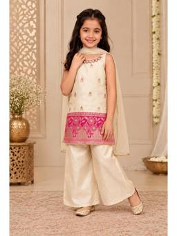 Tiny Kingdom - Silk Woven Embroidered Top And Palazzo With Dupatta - Cream