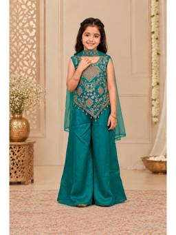 Tiny Kingdom - Organza Woven Embroidered Top And Palazzo With Dupatta - Blue