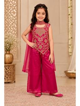 Tiny Kingdom - Organza Woven Embroidered Top And Palazzo With Dupatta - Pink
