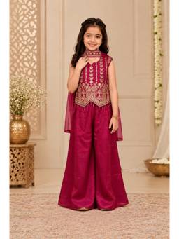 Tiny Kingdom - Satin Embroidered Top And Palazzo With Dupatta - Pink